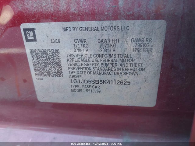 Chevrolet Sonic Lt Auto 2019 1G1JD5SB5K4112625 Image 9