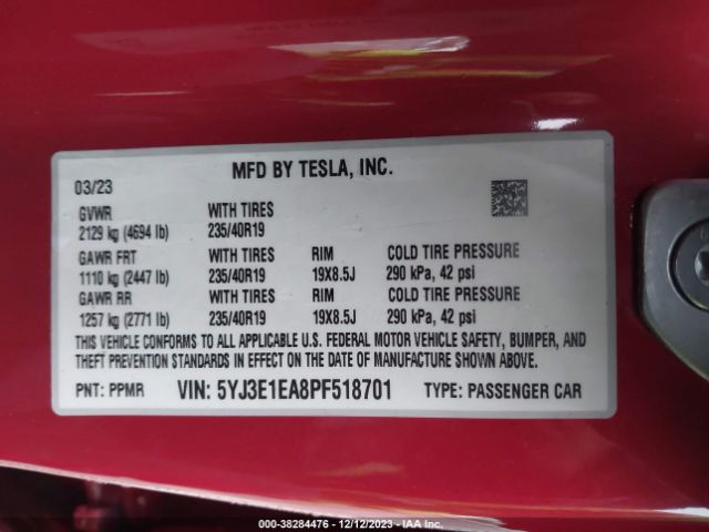 5YJ3E1EA8PF518701 Tesla MODEL 3