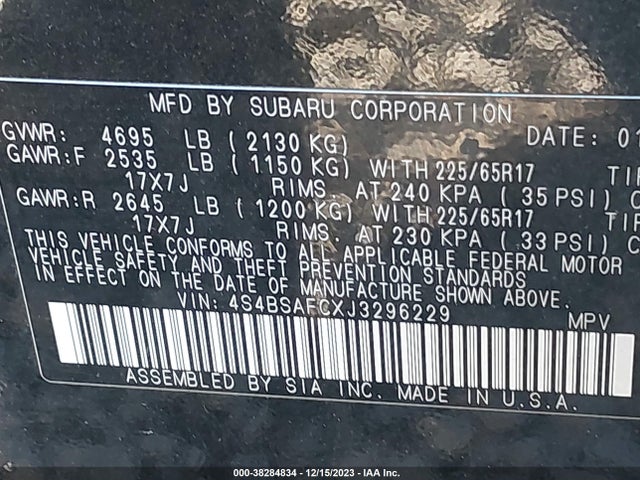 2018 SUBARU OUTBACK 2.5I PREMIUM VIN: 4S4BSAFCXJ3296229