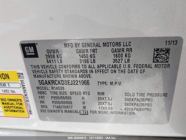 2014 BUICK ENCLAVE PREMIUM VIN: 5GAKRCKD3EJ221966