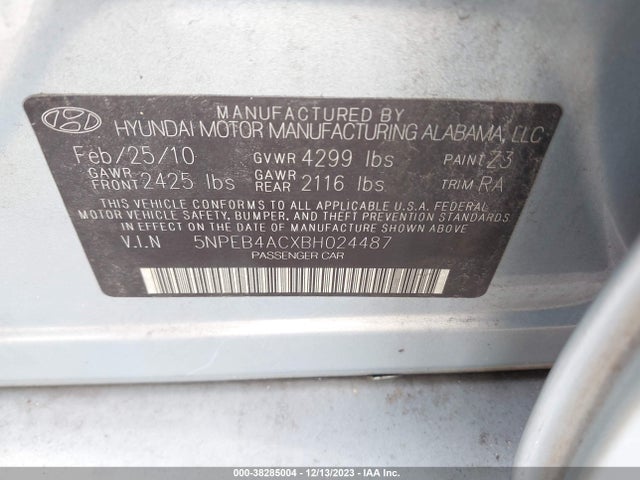 2011 HYUNDAI SONATA GLS VIN: 5NPEB4ACXBH024487
