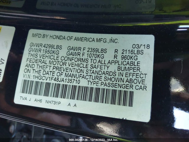 Honda ACCORD EX 2018 1HGCV1F48JA135710 Image 9