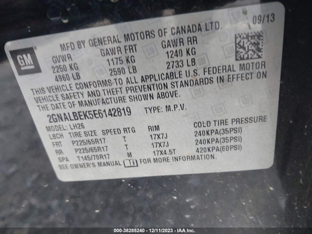 Chevrolet EQUINOX 1LT 2014 2GNALBEK5E6142819 Image 9