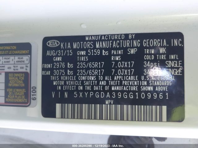 5XYPGDA39GG109961 KIA Sorento 2.4l Lx