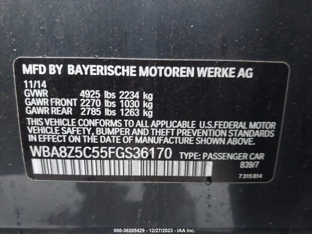2015 BMW 328I GRAN TURISMO XDRIVE VIN: WBA8Z5C55FGS36170