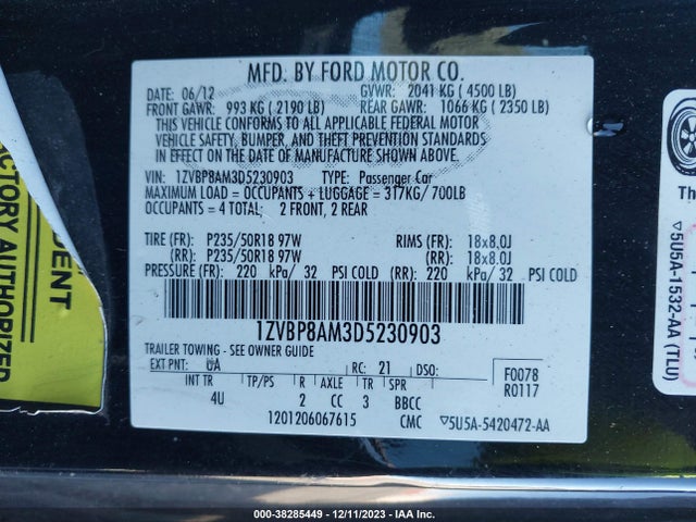 2013 FORD MUSTANG V6 PREMIUM VIN: 1ZVBP8AM3D5230903