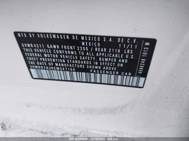 2012 VOLKSWAGEN JETTA 2.5L SE VIN: 3VWDX7AJ0CM347159