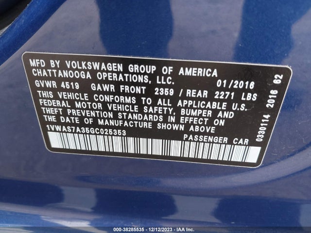2016 VOLKSWAGEN PASSAT 1.8T S VIN: 1VWAS7A35GC025353