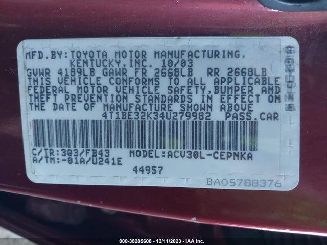 2004 TOYOTA CAMRY LE VIN: 4T1BE32K34U279982