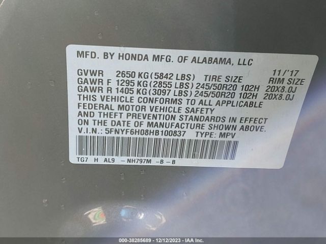 5FNYF6H08HB100837 Honda Pilot Elite