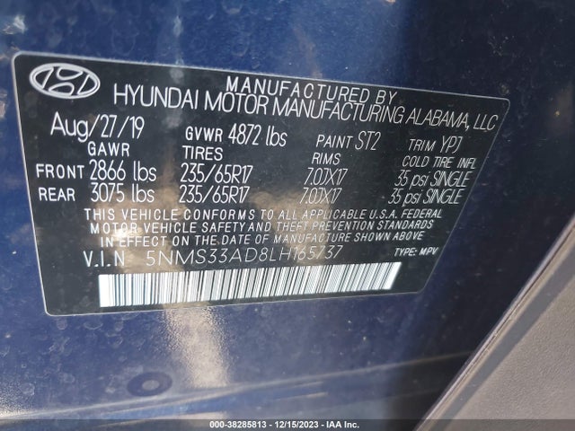 2020 HYUNDAI SANTA FE SEL VIN: 5NMS33AD8LH165737