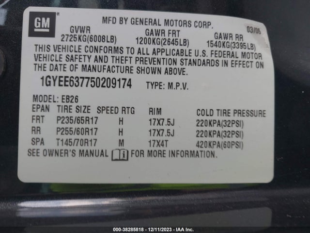 2005 CADILLAC SRX V6 VIN: 1GYEE637750209174