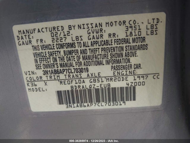 2012 NISSAN SENTRA 2.0 VIN: 3N1AB6AP7CL703019