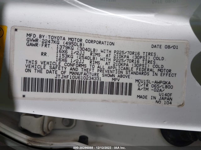 Продаж на аукціоні авто 2001 Lexus Rx 300 Base A4, vin: JTJHF10U610234331, номер лоту: 38286088