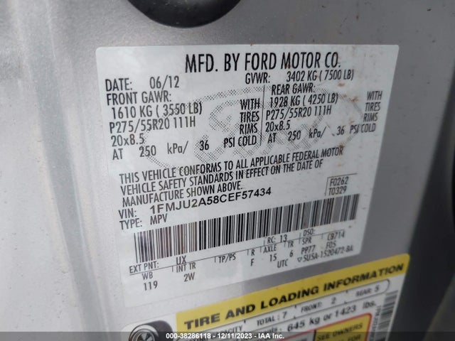2012 FORD EXPEDITION LIMITED VIN: 1FMJU2A58CEF57434