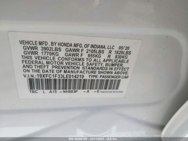 19XFC1F33LE014219 Honda Civic Sedan Ex