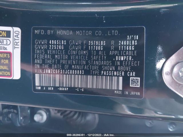 JHMZC5F31JC009883 Honda Clarity Plug-in Hybrid Touring