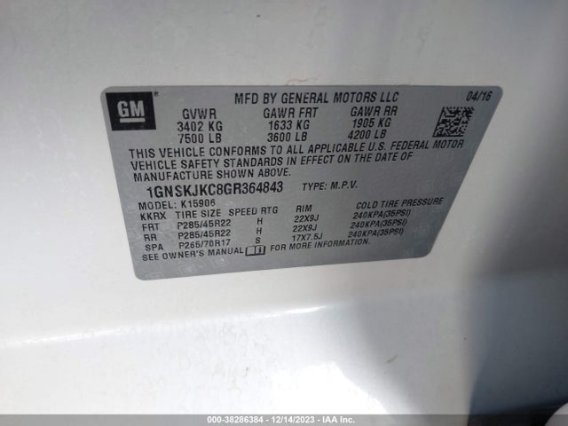 Chevrolet Suburban Ltz 2016 1GNSKJKC8GR364843 Image 9