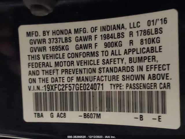 Honda Civic Lx 2016 19XFC2F57GE024071 Image 9