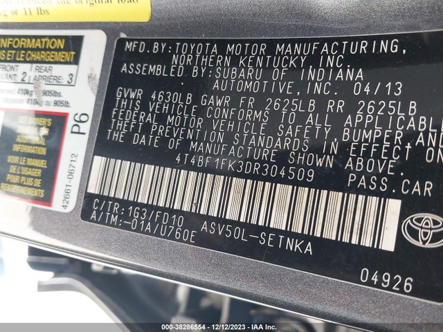2013 TOYOTA CAMRY L/LE/SE/XLE VIN: 4T4BF1FK3DR304509