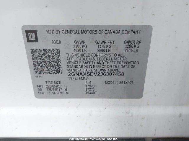 Chevrolet EQUINOX LT 2018 2GNAXSEV2J6307458 Image 9