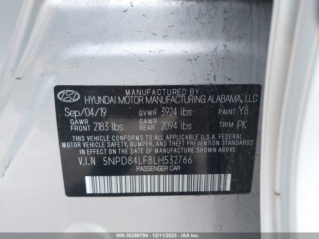 2020 HYUNDAI ELANTRA SEL/VALUE/LIMITED VIN: 5NPD84LF8LH532766