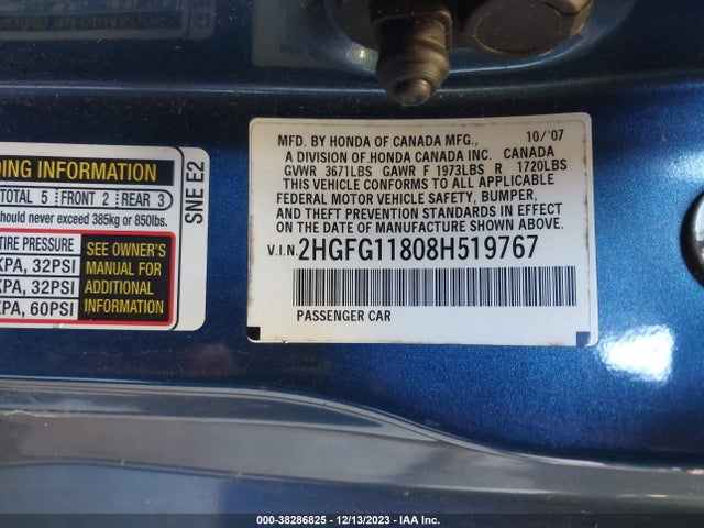 2008 HONDA CIVIC EX VIN: 2HGFG11808H519767