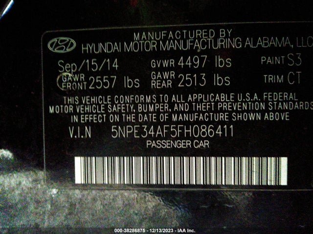 2015 HYUNDAI SONATA SPORT VIN: 5NPE34AF5FH086411