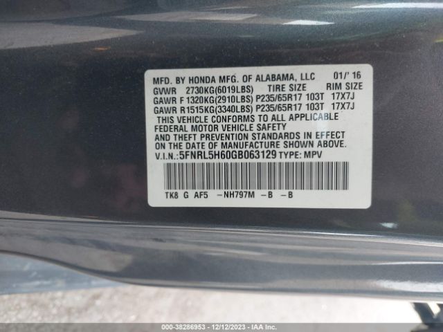 5FNRL5H60GB063129 Honda Odyssey Ex-l