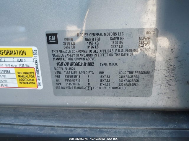 Chevrolet Traverse 2lt 2014 1GNKVHKD9EJ101992 Image 9
