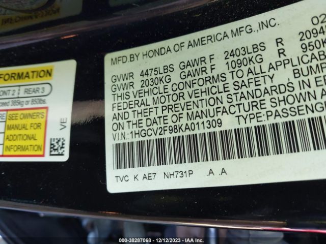 1HGCV2F98KA011309 Honda Accord Touring 2.0t