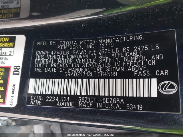 2020 LEXUS ES 350 VIN: 58ADZ1B13LU064599