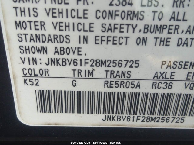 2008 INFINITI G35X VIN: JNKBV61F28M256725