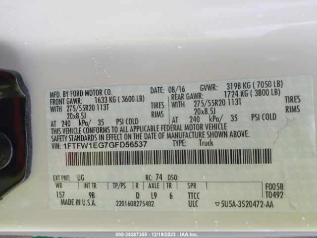 1FTFW1EG7GFD56537 Ford F-150 Platinum