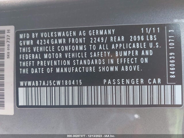 2012 VOLKSWAGEN GOLF 2.5L 2-DOOR VIN: WVWAB7AJ5CW180415