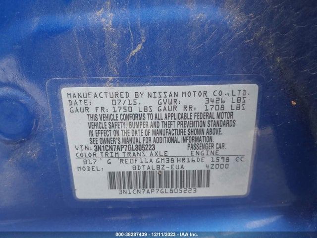 Nissan Versa S/s Plus/sv/sl 2016 3N1CN7AP7GL805223 Image 9