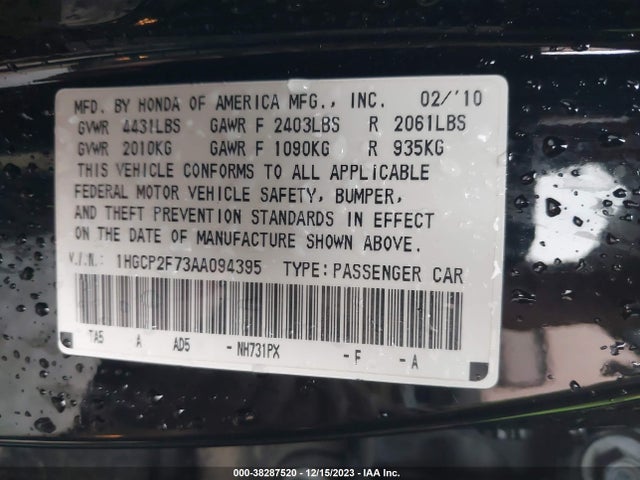 2010 HONDA ACCORD EX VIN: 1HGCP2F73AA094395