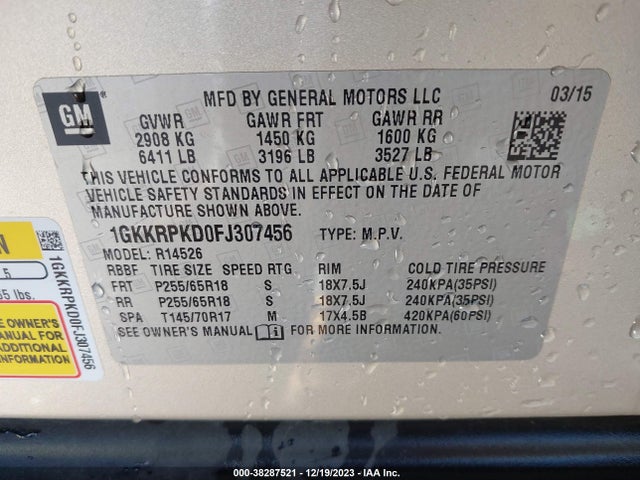 1GKKRPKD0FJ307456 GMC Acadia Sle-2