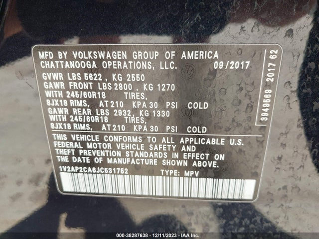 1V2AP2CA6JC531752 Volkswagen Atlas 2.0t S