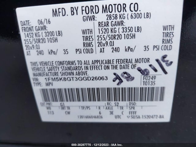 Ford EXPLORER SPORT 2016 1FM5K8GT3GGD26063 Image 9