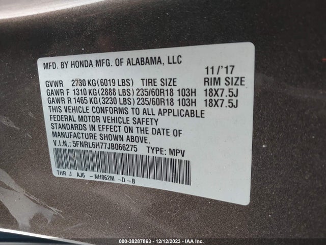 Honda Odyssey Ex-l 2018 5FNRL6H77JB066275 Image 9