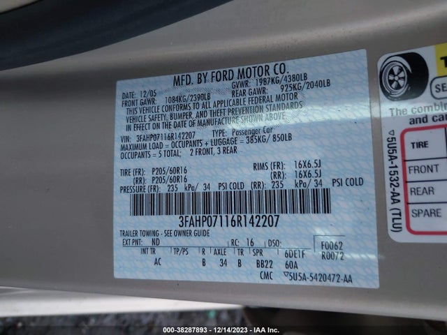 2006 FORD FUSION SE VIN: 3FAHP07116R142207