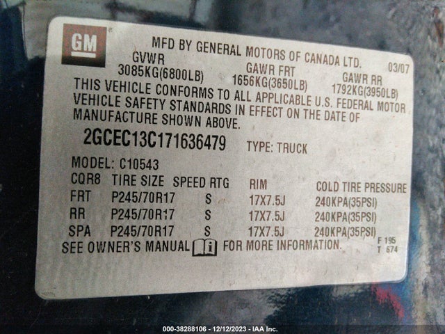 2007 CHEVROLET SILVERADO C1500 CREW CAB VIN: 2GCEC13C171636479