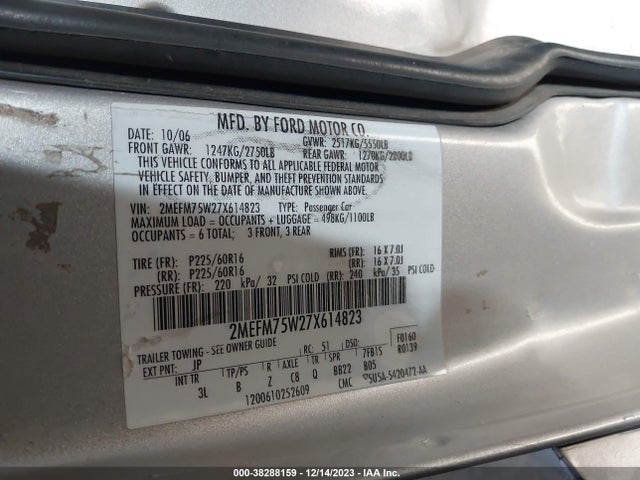 2007 MERCURY GRAND MARQUIS LS VIN: 2MEFM75W27X614823