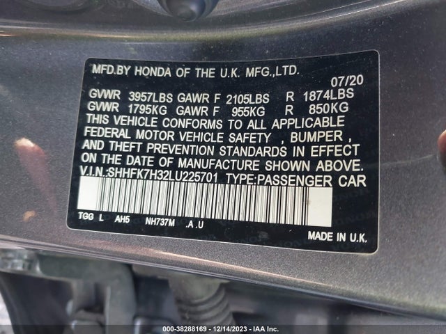 2020 HONDA CIVIC LX VIN: SHHFK7H32LU225701