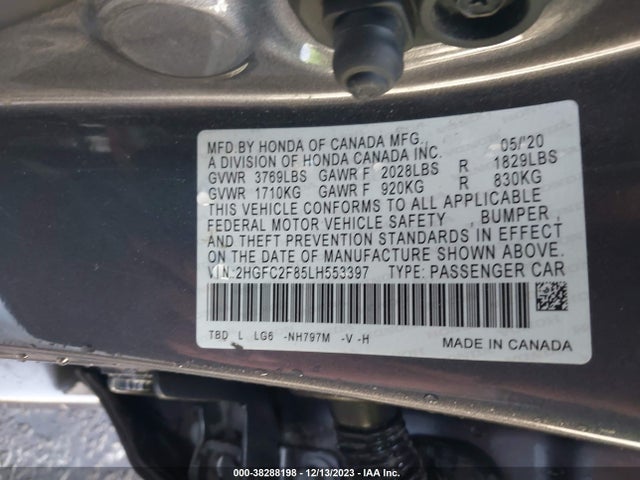 2020 HONDA CIVIC SPORT VIN: 2HGFC2F85LH553397