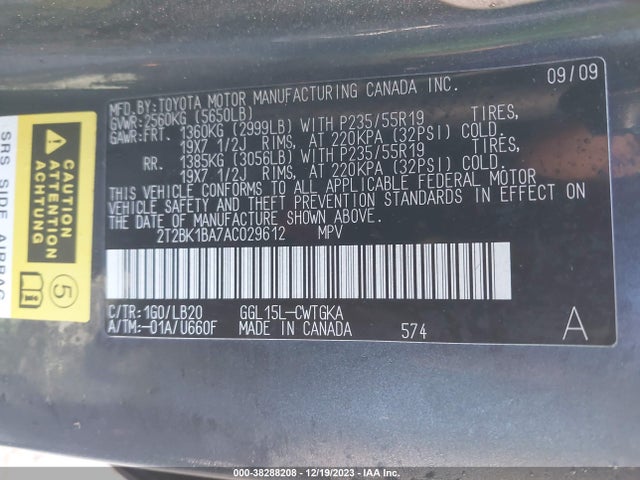 2010 LEXUS RX 350 VIN: 2T2BK1BA7AC029612