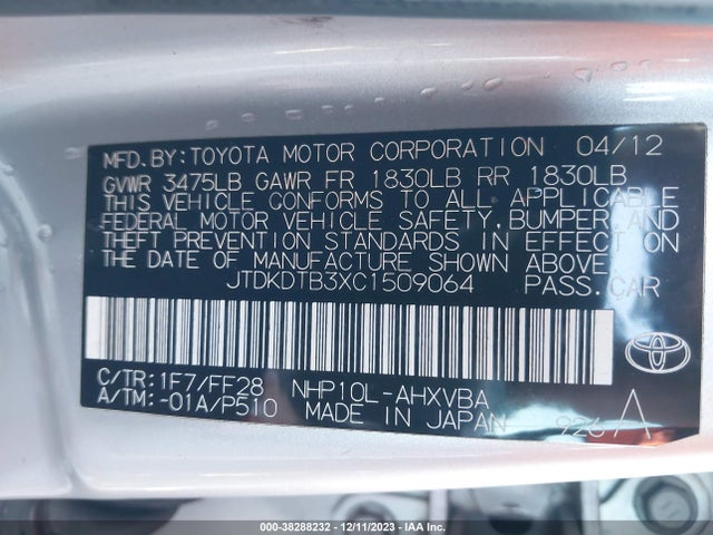 Aukcja sprzedaży 2012 Toyota Prius C Two, vin: JTDKDTB3XC1509064, numer aukcji: 38288232