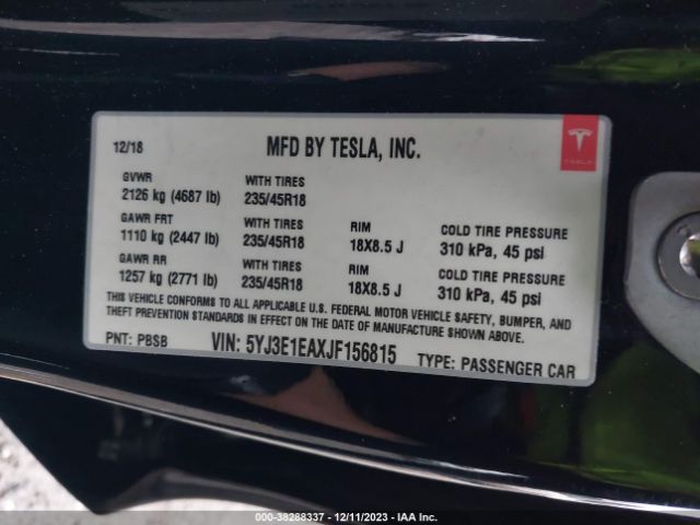 5YJ3E1EAXJF156815 Tesla Model 3 Long Range/mid Range