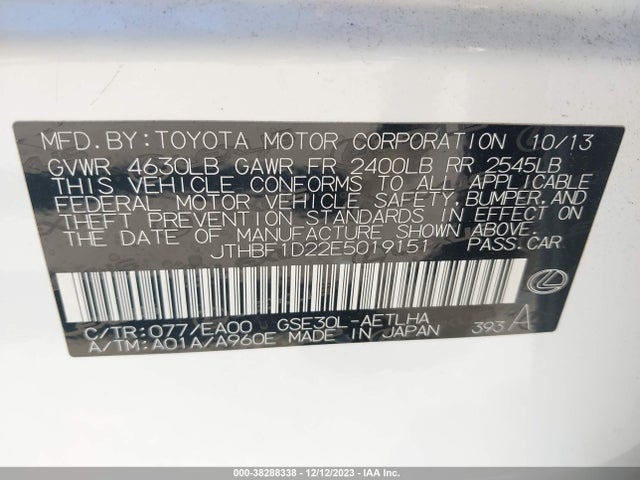 Lexus IS 250 2014 JTHBF1D22E5019151 Image 9